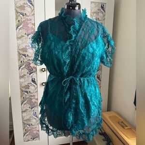 Fredrick’s of Hollywood Floral Lace Green Sleepwear Robe & Vintage Bodysuit Set